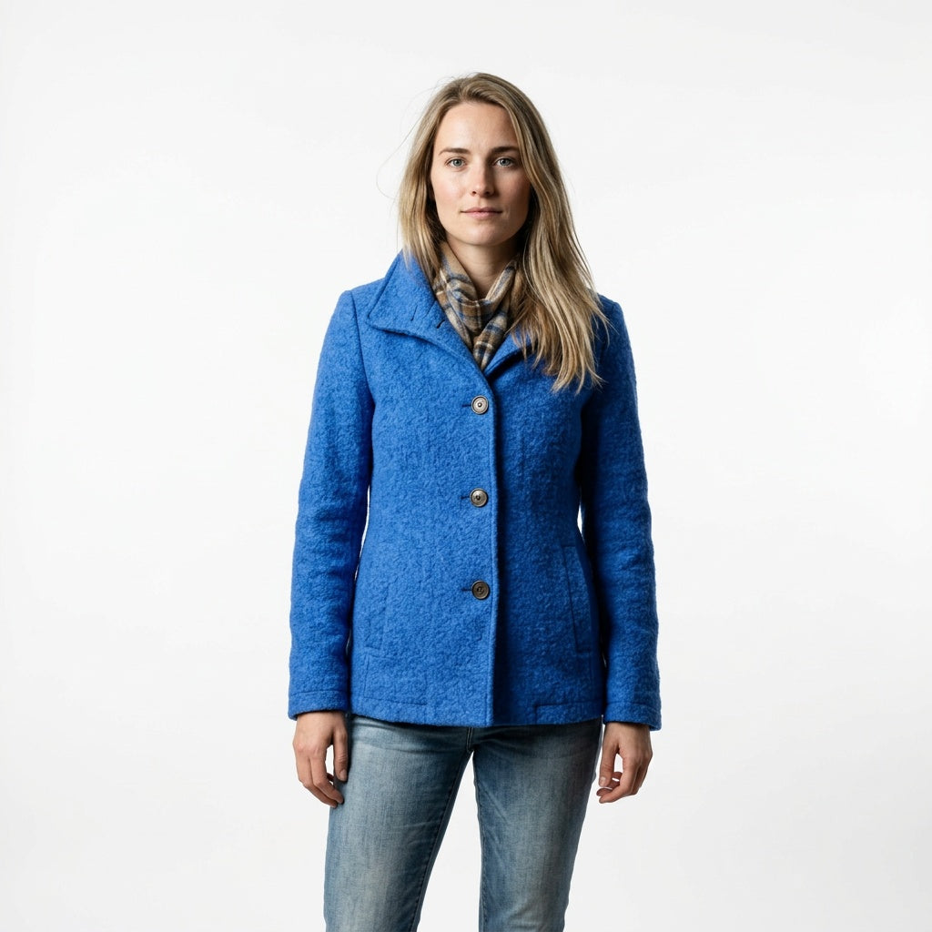 Mantel dames lang met opstaande kraag blauw