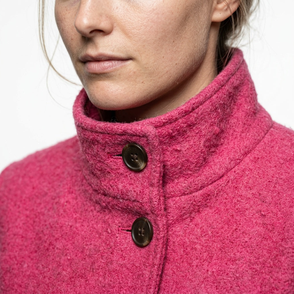 Mantel dames lang met opstaande kraag roze detail