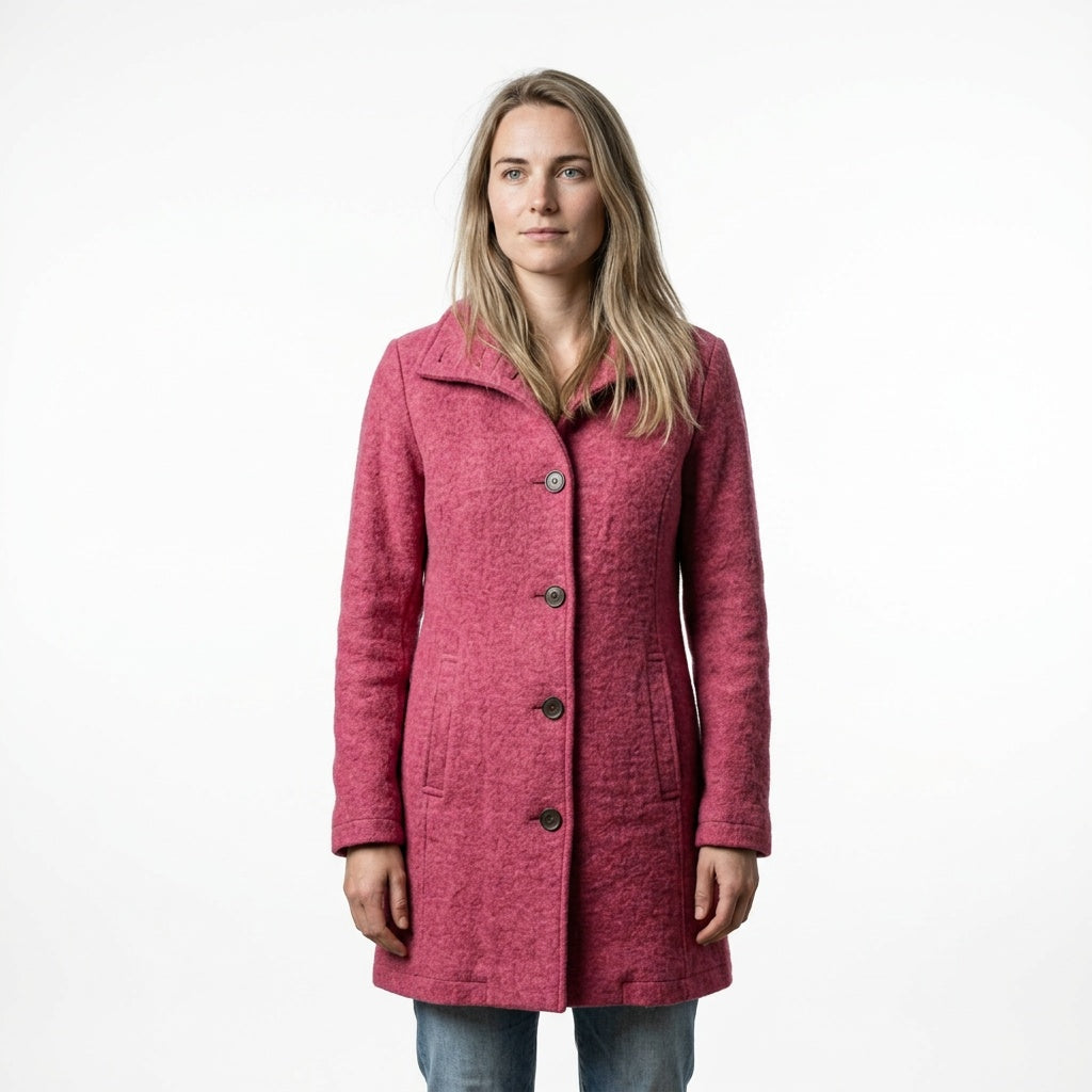 Mantel dames lang met opstaande kraag roze voorkant