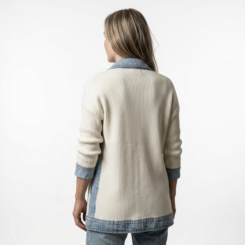 Tussenjas dames gebreid met denim accenten crème achterkant