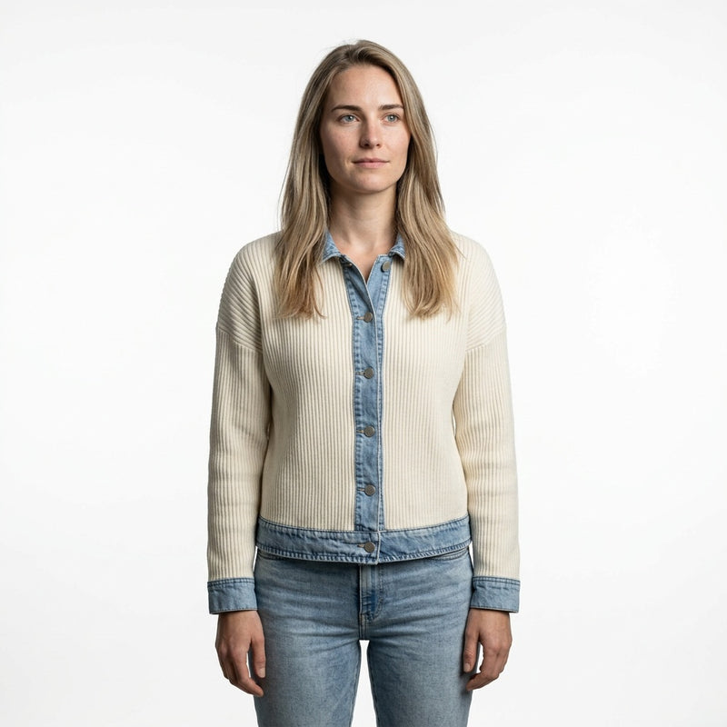 Tussenjas dames gebreid met denim accenten crème voorkant