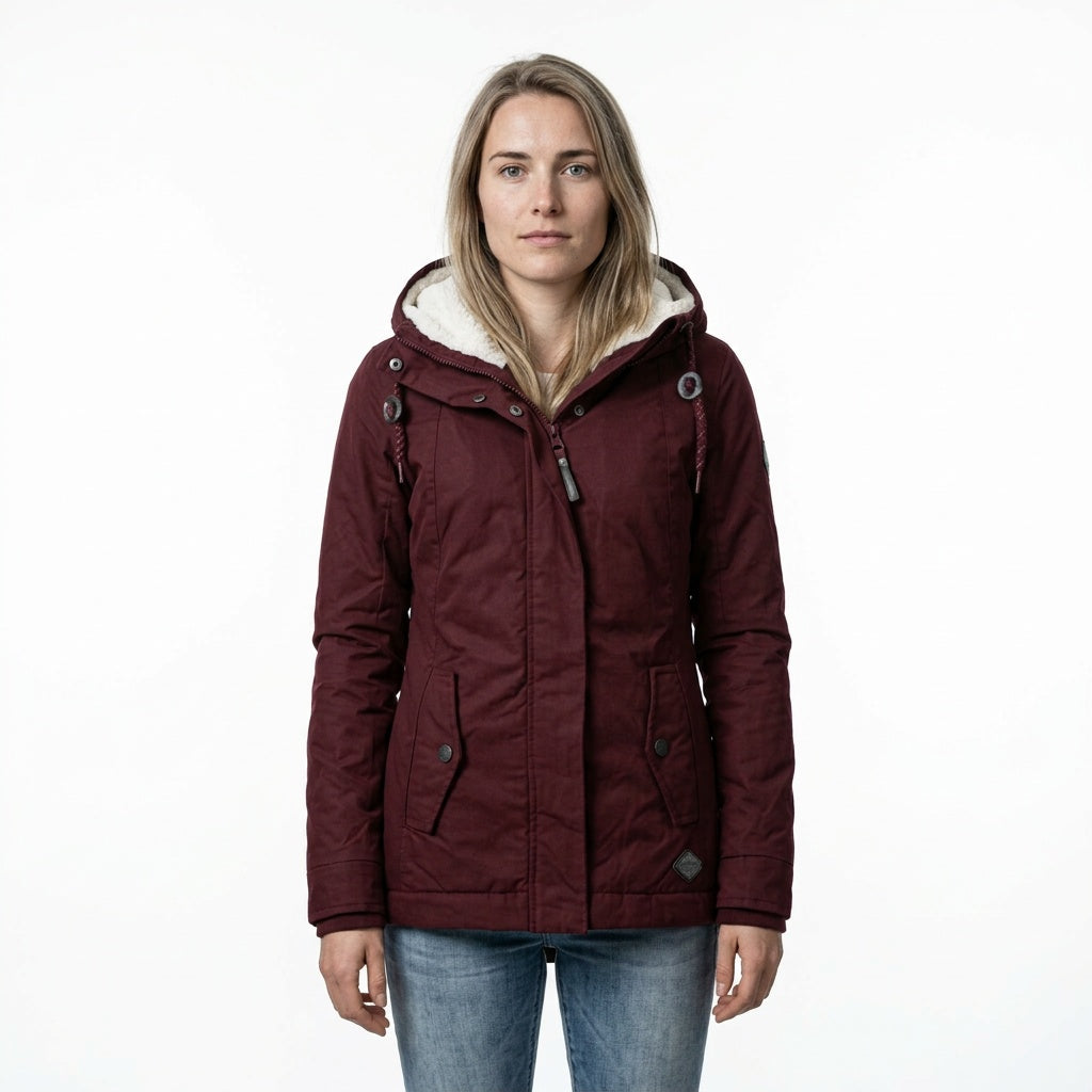Winterjas dames met teddy capuchon bordeaux