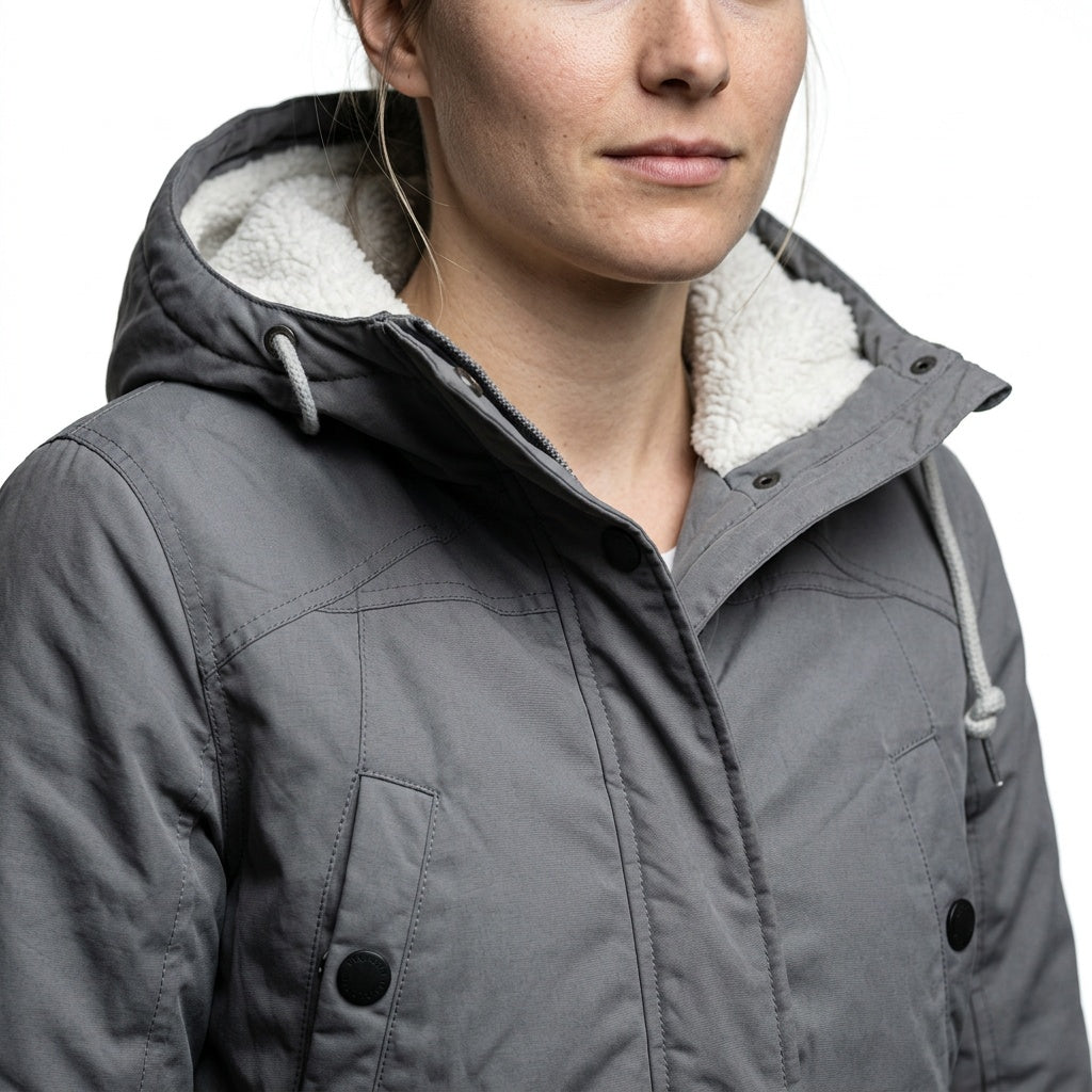 Winterjas dames met teddy capuchon grijs detail