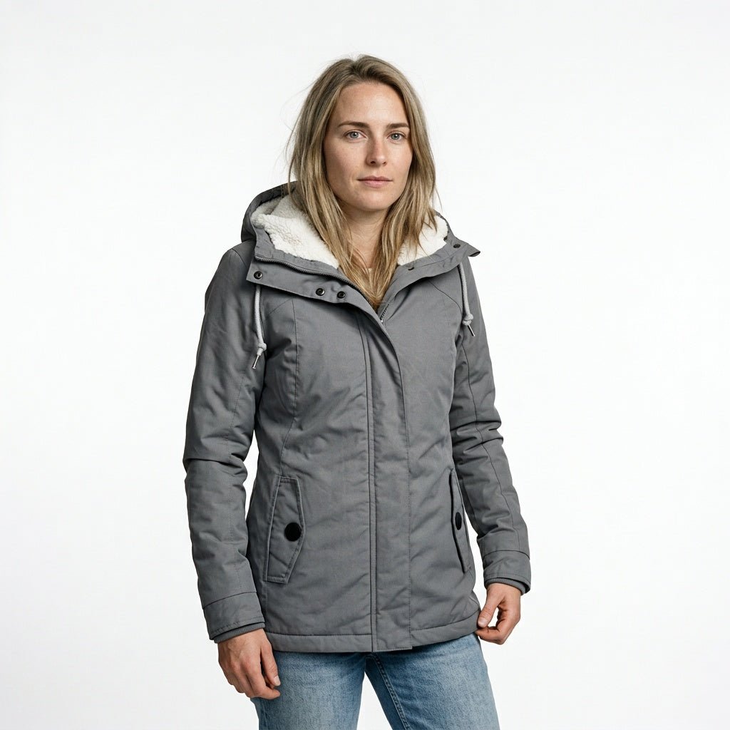 Winterjas dames met teddy capuchon grijs voorkant