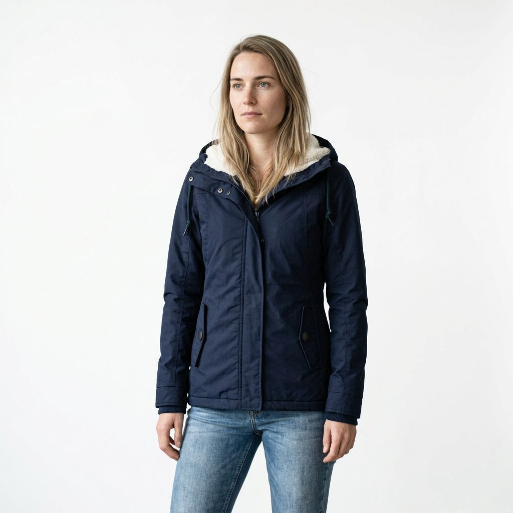 Winterjas dames met teddy capuchon marineblauw