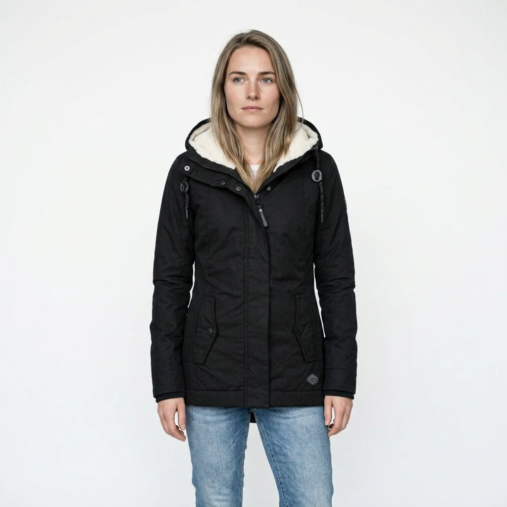Winterjas dames met teddy capuchon zwart